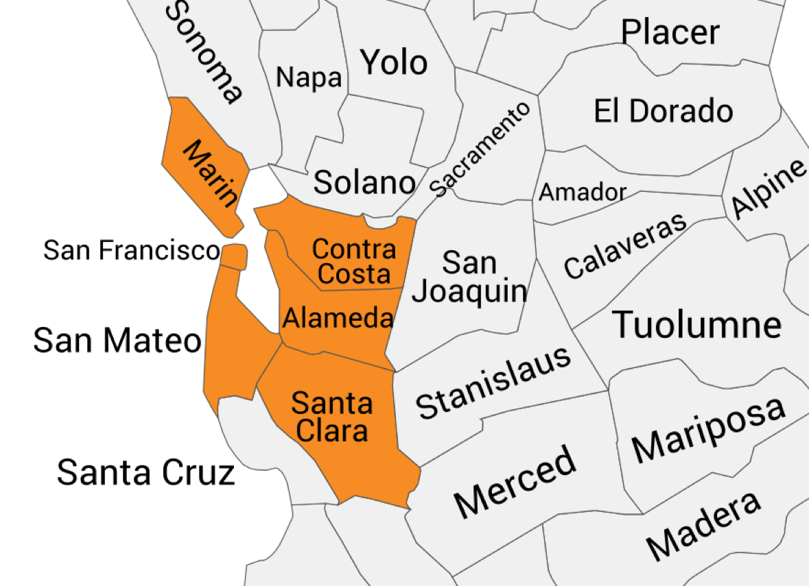 Map with Marin, Contra Costa, San Mateo, Alameda, Santa Clara, and San Francisco Counties Colored