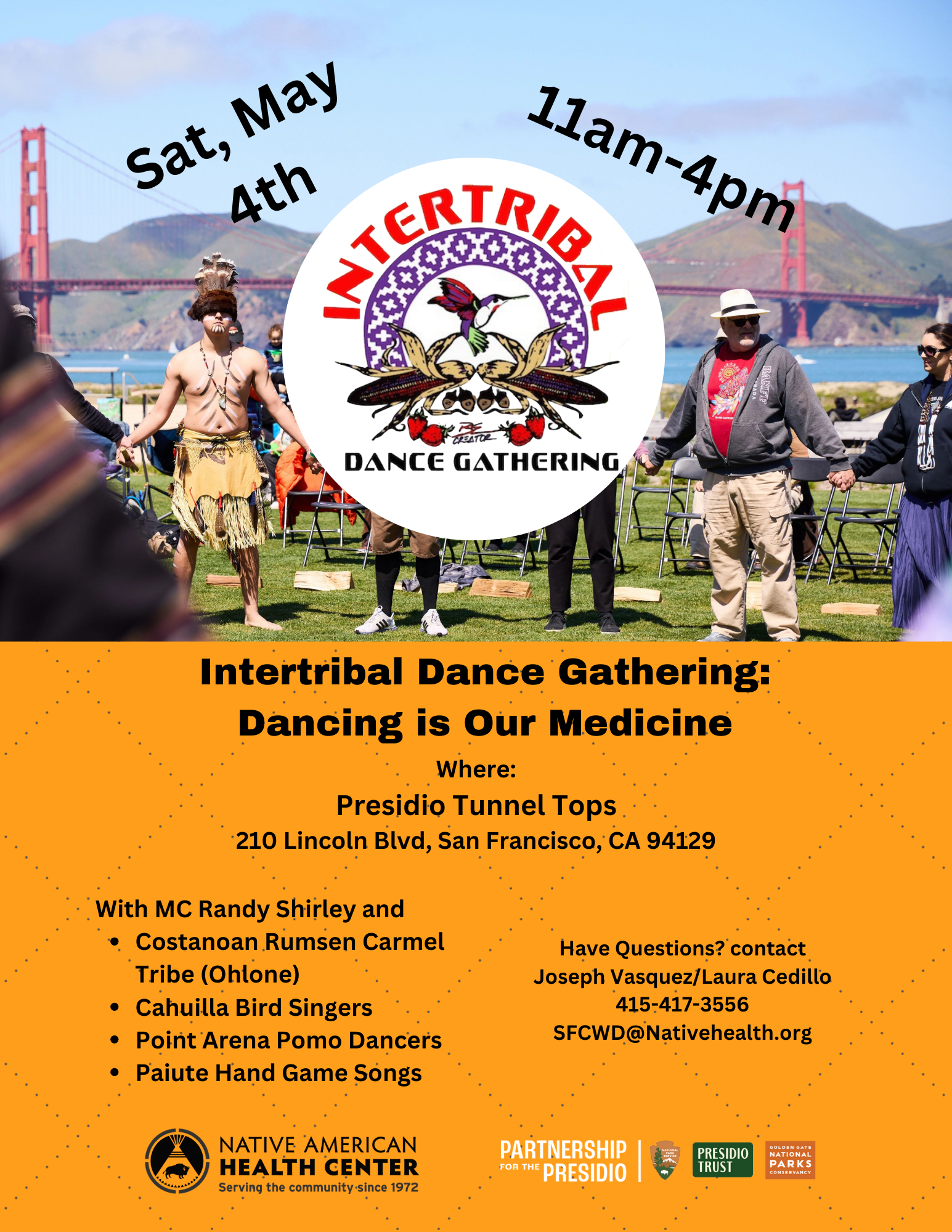 Flyer for Indigenous Dance Gathering on Saturday, May 4, 2024. This event will be held at Presidio Tunnel Tops in San Francisco.